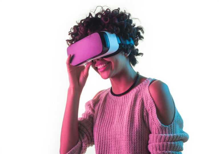 Woman touching VR headset
